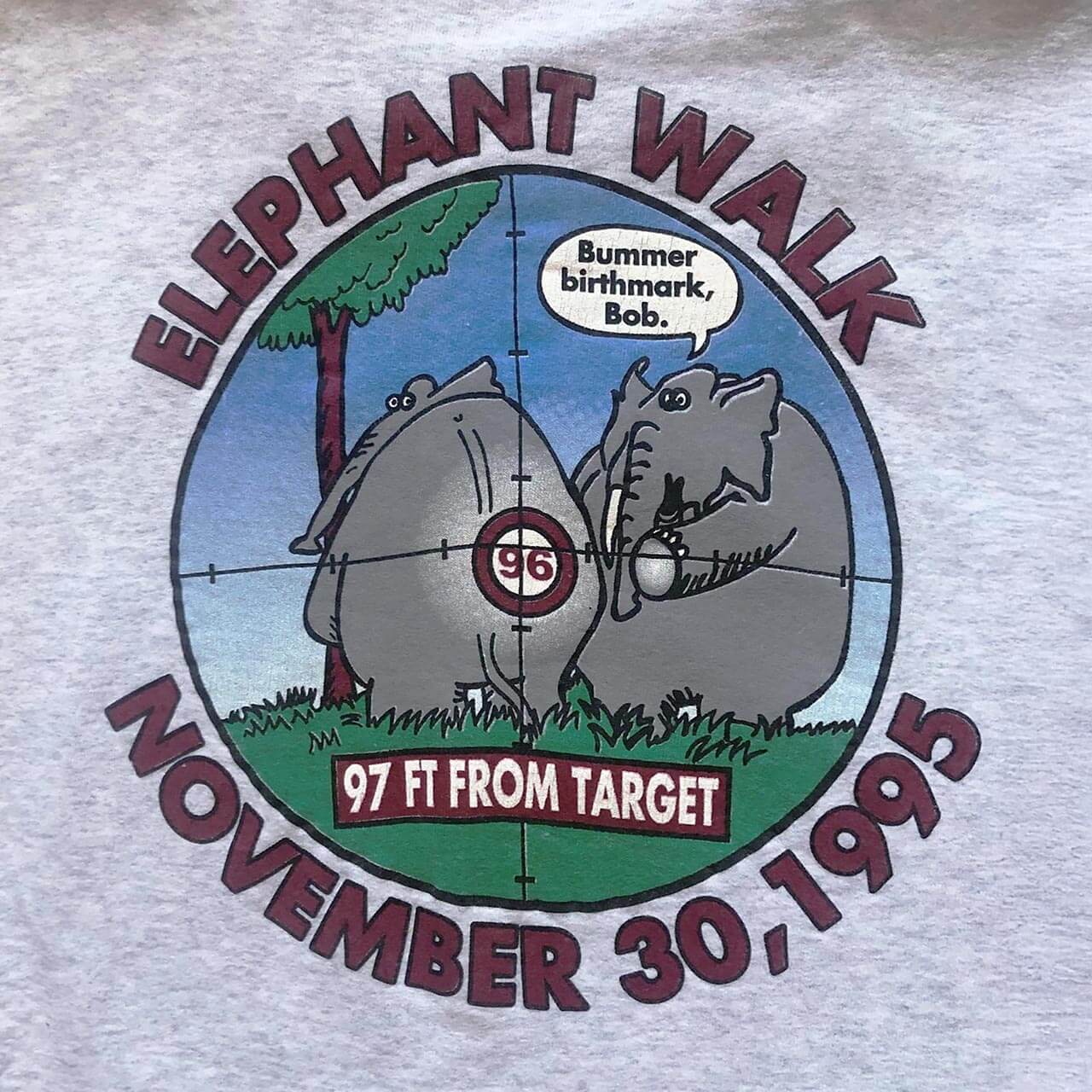 Graphic design from a 1995 Texas A&M Elephant Walk T-shirt featuring cartoon elephants and text.