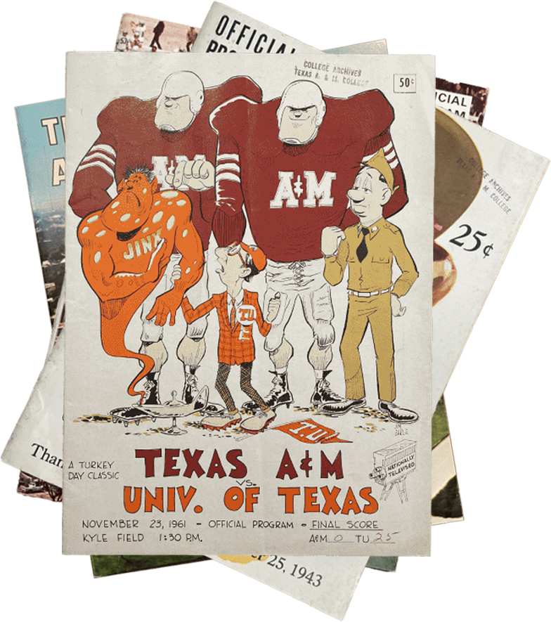 A stack of old football programs from Texas A&M vs. University of Texas games